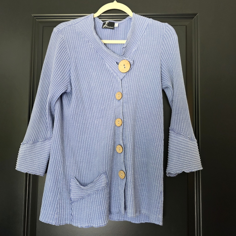Fenini Asymmetrical Butt9n Down Top/Jacket Cornflower